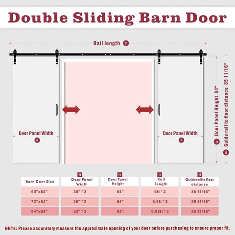 Diagram of 60 Inch By 84 Inch Sliding Barn Door Set With Hardware Kit White Primed Solid Wood And MDF Panel Pre Drilled For Easy Assembly V Frame Design dimensions and installation instructions.