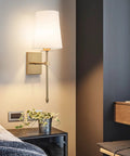 Bedroom with Wireless Battery Operated Wall Sconce Set Of Two With White Fabric Shade Remote Control No Wiring Dimmable Modern Slim Design
