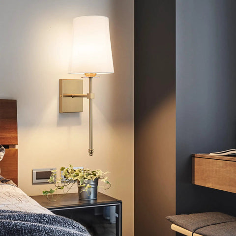 Bedroom with Wireless Battery Operated Wall Sconce Set Of Two With White Fabric Shade Remote Control No Wiring Dimmable Modern Slim Design