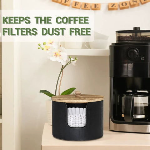 Wooden coffee filter holder and countertop storage jar with lid, next to a coffee machine, for easy organization.