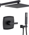 Matte Black Shower System With Rain Shower And Handheld, 10 Inch Square Brass Rain Head, Brass Mixer Valve, 16 Inch Brass Shower Arm