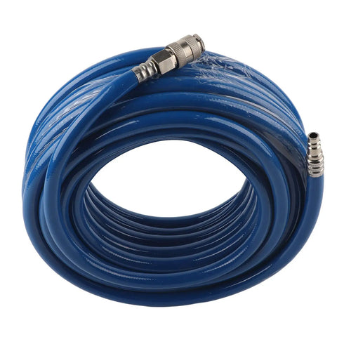 Blue coiled PVC air compressor hose with quick coupler, Kickass 15 Meter 50 Foot Blue Flexible Pneumatic PVC Air Compressor Hose Quick Coupler For High Pressure On Pneumatic Tools Triple Layer Build Resists Wear And Tear Perfect For Tough Jobs And Diy Gigs Inside The Garage Today.