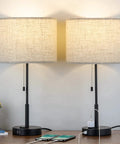 Dual USB Table Lamp Set Of 2 With Built-In 3-Prong Outlet, modern nightstand lamps on table, USB charging, LED bulbs, sturdy design