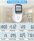 Upgraded Watt Meter Power Monitor Plugs Into Your Outlet Home Energy Display With Backlight Tracks Watts Kilowatt Hours Voltage Amps Frequency Power Factor Cost And Unit Price Across Eight Display Modes With Overload Protection, front view