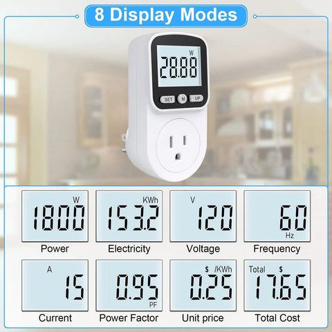 Upgraded Watt Meter Power Monitor Plugs Into Your Outlet Home Energy Display With Backlight Tracks Watts Kilowatt Hours Voltage Amps Frequency Power Factor Cost And Unit Price Across Eight Display Modes With Overload Protection, front view
