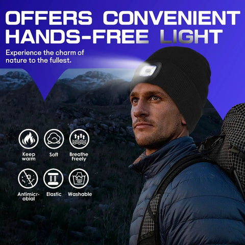 Person wearing Rechargeable LED Beanie With Built In Light, USB Powered Winter Knit Hat, unisex, hands-free outdoor lighting, black.