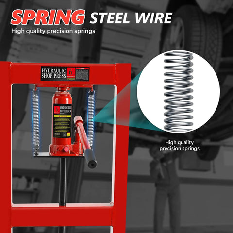 6 Ton H Frame Hydraulic Shop Press with springs for garage floor use showing adjustable height and stamping capabilities