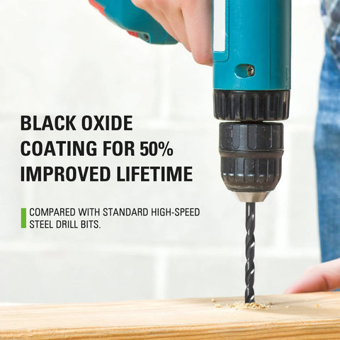 90 Piece Black Oxide Drill And Drive Bit Set With Modular Case For Wood Metal Plastic And Masonry shown drilling wood