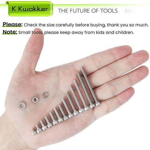 Hand holding stainless steel screws and nuts from 1040 Piece M4 Screws Nuts Bolts Kit 4mm To 45mm 304 Stainless Steel Hex Socket Head Cap