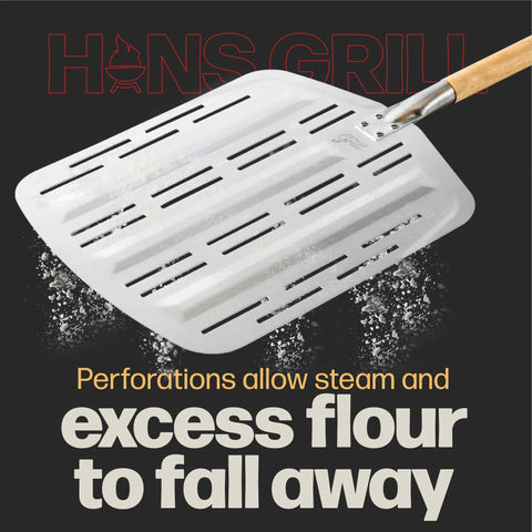 Hans Grill Pizza Peel PRO perforated metal paddle with wooden handle for XL 12-inch pizzas