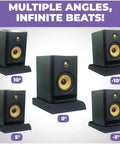 Angled Studio Monitor Isolation Pads For Speakers Five Inch High Density Foam Riser shown at multiple angles with varied audio setup