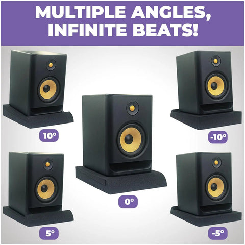 Angled Studio Monitor Isolation Pads For Speakers Five Inch High Density Foam Riser shown at multiple angles with varied audio setup