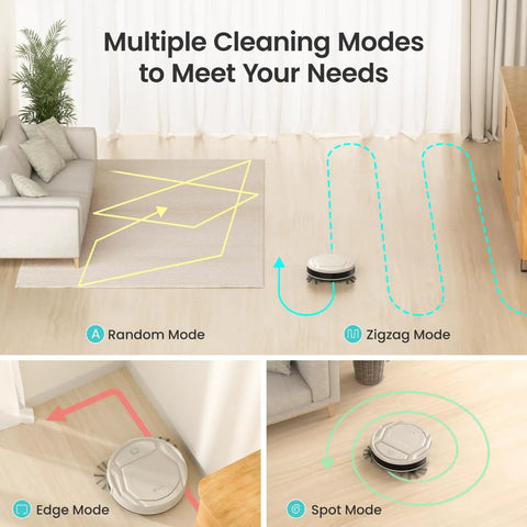 Slim Quiet Robot Vacuum With 2200Pa Suction For Pet Hair in random, zigzag, edge, and spot cleaning modes on hardwood floor