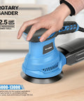 Beefy 4.9 Inch Random Orbital Sander Corded Power Tool With Full 20 Piece Sandpaper Roll Kit To Smoke Out Rough Spots And Deliver Smooth Finishes For Any DIY Project in use, showing grip and design.