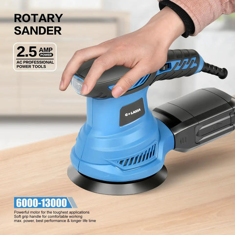 Beefy 4.9 Inch Random Orbital Sander Corded Power Tool With Full 20 Piece Sandpaper Roll Kit To Smoke Out Rough Spots And Deliver Smooth Finishes For Any DIY Project in use, showing grip and design.