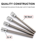 10 Piece Three Eighth Inch Drive Long Hex Bit Socket Set SAE steel construction, showing S2 Steel and CR-V materials.
