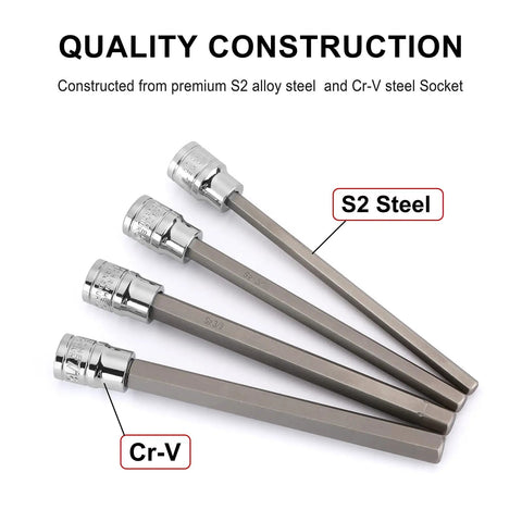 10 Piece Three Eighth Inch Drive Long Hex Bit Socket Set SAE steel construction, showing S2 Steel and CR-V materials.