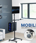 Built Tough Mobile Computer Cart With Smooth Glide Wheels And Adjustable Monitor Stand Engineered For Big Screens Up To Thirty Two Inches As Portable Workstation Frame, showing monitor, keyboard, and CPU on wheels.