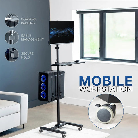 Built Tough Mobile Computer Cart With Smooth Glide Wheels And Adjustable Monitor Stand Engineered For Big Screens Up To Thirty Two Inches As Portable Workstation Frame, showing monitor, keyboard, and CPU on wheels.