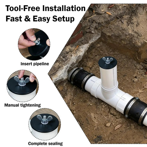 Mechanical Cleanout Gripper Plug Set Three Inch And Three And A Half Inch Reusable Sewer Drain Plugs For DWV Plumbing And Temporary Seal 2 Pack DIY Friendly Heavy Duty Access Point Plugs For Quick Removal And Tight Seal, installed in sewer pipe