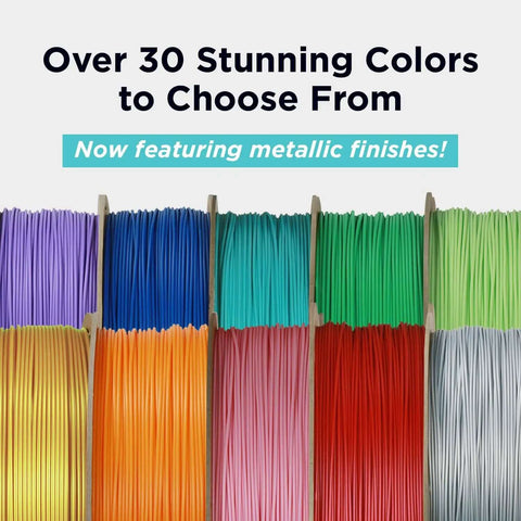Colorful assortment of filament spools featuring metallic finishes, highlighting variety beyond PLA Pro Filament 1.75mm Black 1kg.