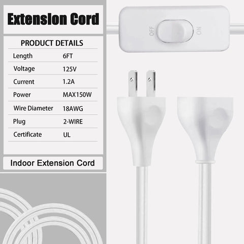 Indoor Six Foot Extension Cord With Built In On Off Switch, Two Prong Polarized Plug, 120 Volt 150 Watt Capacity, 18 AWG Copper Wire