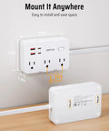 Heavy Hitter Power Strip Surge Protector With Six Wide Spread Outlet Plugs And Four Fast Charge USB Ports Including Dual Type C Inputs, wall-mounted with dimensions.