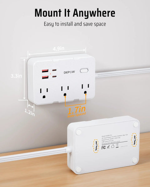 Heavy Hitter Power Strip Surge Protector With Six Wide Spread Outlet Plugs And Four Fast Charge USB Ports Including Dual Type C Inputs, wall-mounted with dimensions.