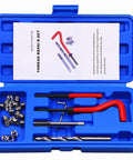 25-Piece M7 X 1.0mm Thread Repair Kit With Insert Set For Auto Repair And Engine Work Pro Grade Heavy Duty High Speed Steel Tools With Red Handle Hand Tool Kit For Damaged Or Worn Threads In Cars Trucks Machinery And Home Maintenance in open blue case.