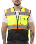 Model wearing High Visibility Safety Vest With Front Pockets Yellow Black Class 2 ANSI ISEA Approved Reflective Tape.