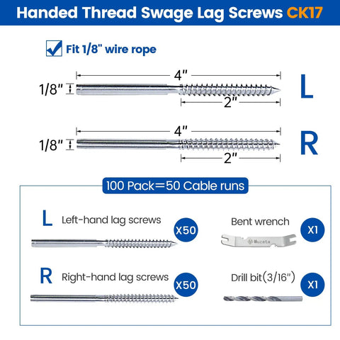 Diagram of One Hundred Pack One And One Eighth Inch Cable Railing Hardware Kit Heavy Duty With Left And Right Handed Swage Lag Screws