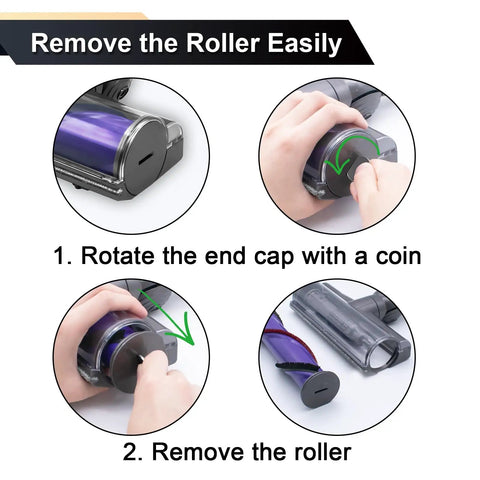 Instructions showing how to remove the roller from Dyson Direct Drive Motorhead Cleaner Head Replacement for V6 DC58 DC59 DC62.