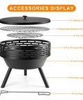 Parts of 23 Inch Cast Iron Round Fire Pit With Grill And Flat Lid 3 In 1 Outdoor Fire Bowl Table Wood Burning Bonfire Pit displayed