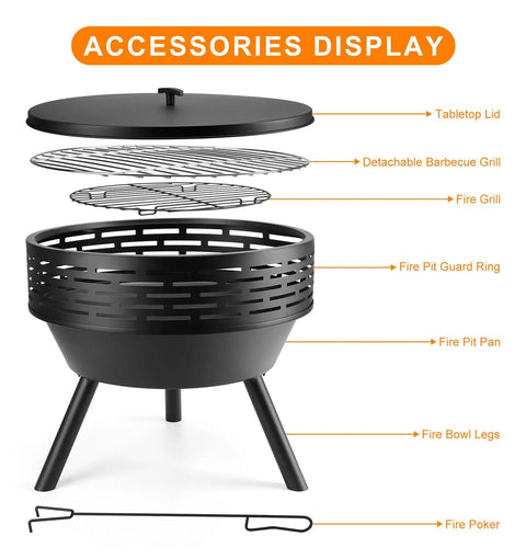 Parts of 23 Inch Cast Iron Round Fire Pit With Grill And Flat Lid 3 In 1 Outdoor Fire Bowl Table Wood Burning Bonfire Pit displayed