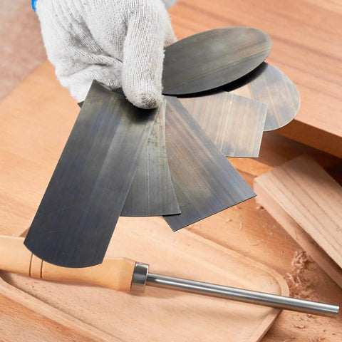 Top Shelf Six Piece Cabinet Scraper And Burnisher Kit With Blue Spring Steel Blades Plus Hardened High Speed Steel Sharpening Rod.