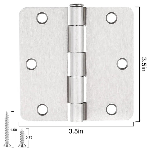 Top Shelf 24 Pack Brushed Nickel Door Hinges 3.5 Inch Square With Rounded Corners, showing detailed dimensions and screw holes.
