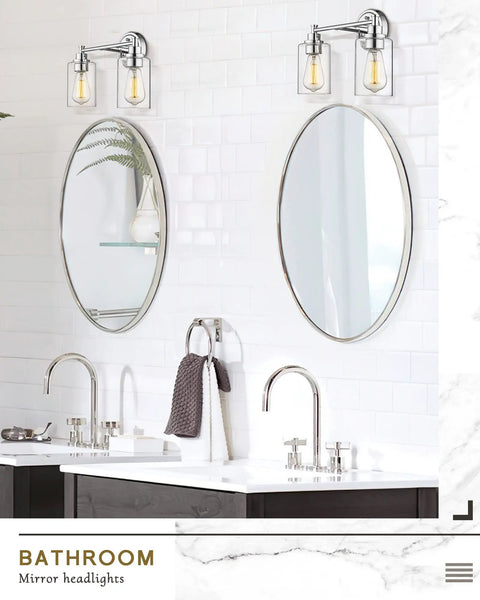 Four Light Vanity Lighting Fixture With Chrome Finish And Clear Glass Shades For Totally Modern Bathroom Vanity Over Mirror Perfect For Powder Room Or Master Bath Decor Easy Install And Showpiece Chrome Look above dual sinks