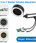 3 In 1 Solder Fume Extractor Smoke Absorber Fan Lamp With 2 Helping Hands And 3 Carbon Filters, shown with metal arms and ESD-safe fan