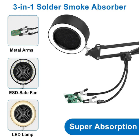 3 In 1 Solder Fume Extractor Smoke Absorber Fan Lamp With 2 Helping Hands And 3 Carbon Filters, shown with metal arms and ESD-safe fan