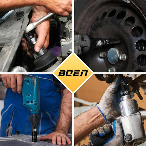 Impact Socket Adapter And Reducer Set For SAE Sizes One Quarter Through Three Quarters Inch With CR-MO Steel Construction And Universal Joint Including Drive Adapters And Reducers For One Quarter, Three Eighths, One Half, And Three Quarters Inch Tools In use in automotive and DIY projects