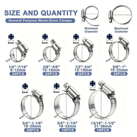 Solid 120 Pc Stainless Steel Hose Clamp Kit With Easy Tighten Worm Gear, 1/4 To 1-1/2 Inch Range, Totally Perfect For Plumbing And Auto Jobs That Need Durable Heavy Duty Clamps. size chart with worm-drive hose clamps, 6-7mm band, 20 pcs each