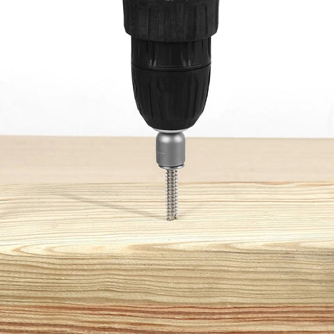 Size Twelve Hex Washer Head Self Drilling Screws With Piercing Tips For Quick Sheet Metal And Lumber Jobs Stainless Steel 410 being drilled into wood.