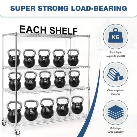 Heavy Duty 5-Tier Wire Storage Rack On Wheels, Tool-Free Assembly, Each Shelf Supports 250 Kg with kettlebells