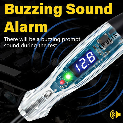 Upgraded Automotive Buzzer Test Light 4-72V DC Circuit Tester With Anti-Lost Needle Guard, Integrated Protection, Portable LED Indicator, Easy Carry Vehicle Electrical Diagnostic Tool showing buzzing alarm and LED display