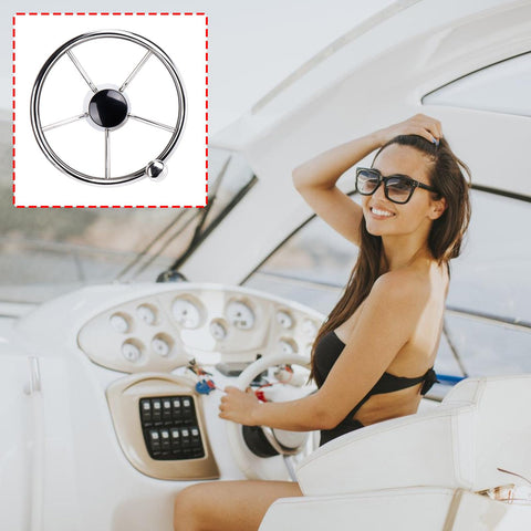 Thirteen Point Five Inch Boat Stainless Steel Hydraulic Steering Helm For Standard Systems with woman at yacht helm control.