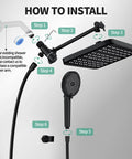 Installation guide for 12 Inch Rain Shower Head With NSF Filtered Handheld Spa Like Combo High Pressure Rainfall Shower Head 9 Spray Modes Handheld With 9 Inch Extension Arm Includes Chlorine Removing Filter Dark Gray