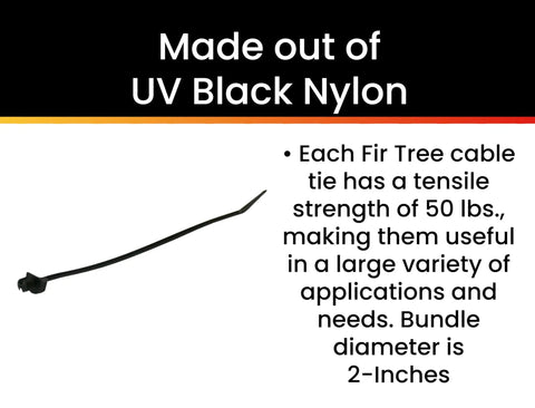 Image of a Top Shelf 8 Inch Push Mount Nylon Cable Tie With Slick Fir Tree Tips For Indoor And Outdoor Wiring UV Resistant Black Fasteners.