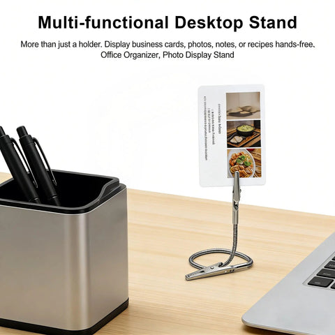 Multifunctional desktop stand holding a card next to a pen holder on a wooden desk.