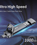 1TB Dual USB C And USB A 3.2 Gen 2 Flash Drive External Portable SSD with futuristic design, showcasing high speed 1000 MB/s.