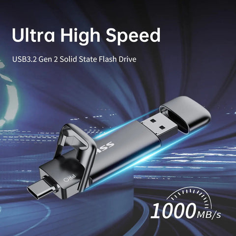1TB Dual USB C And USB A 3.2 Gen 2 Flash Drive External Portable SSD with futuristic design, showcasing high speed 1000 MB/s.